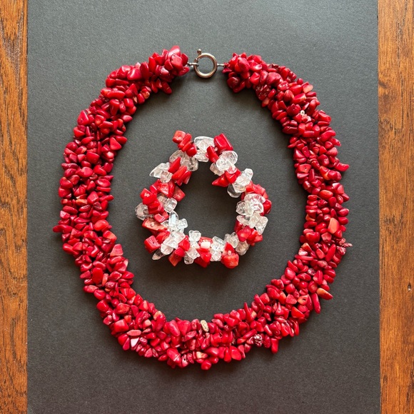 Red Coral Chip Statement Necklace And Bracelet Set | 18 IN - Picture 10 of 10